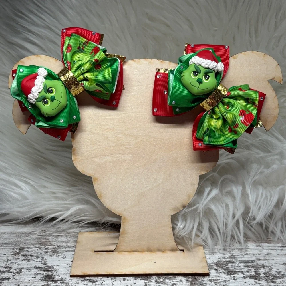 Festive Grinch Green and Red Hair Bows